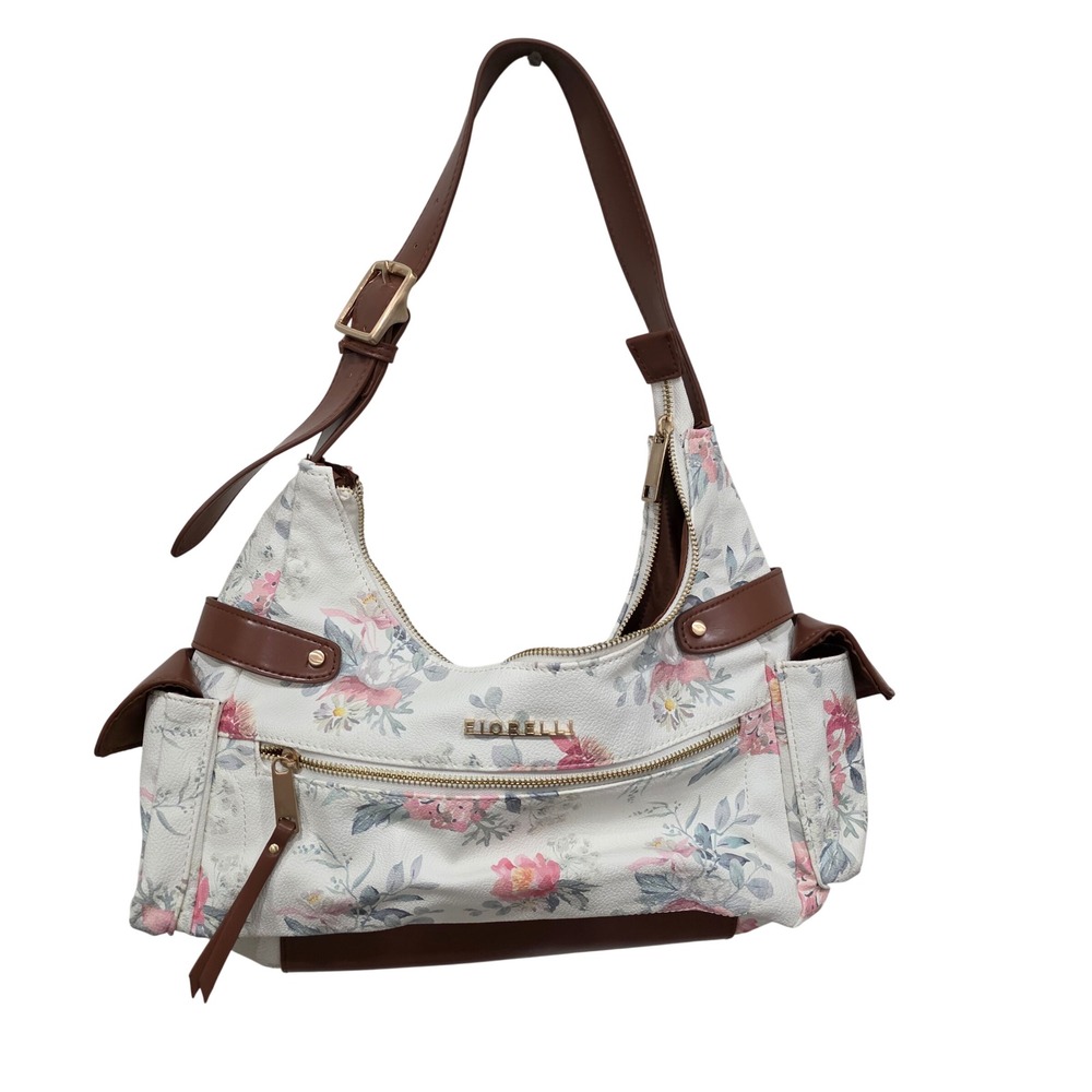 Fiorelli Floral Hobo Shoulder Bag White Brown Faux Leather Adjustable Strap